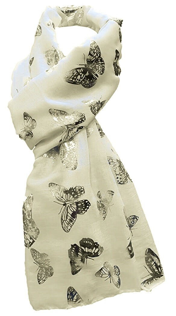 Silver Foil Butterfly Print Ladies Celebrity Style Scarves Maxi, Scarf, Wrap, Sarong, shawls Gift