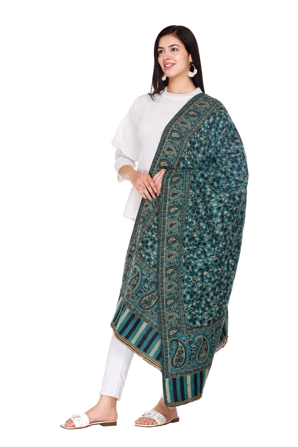 Green / Gold Reversible Paisley Design Shawl Big Size High-Quality Yak Wool Blend Scarf, Wrap, and Blanket - Ideal Xmas Gift