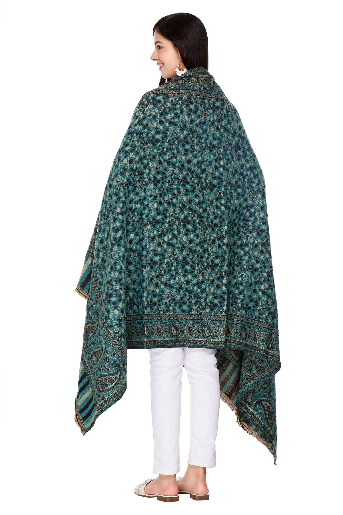 Green / Gold Reversible Paisley Design Shawl Big Size High-Quality Yak Wool Blend Scarf, Wrap, and Blanket - Ideal Xmas Gift