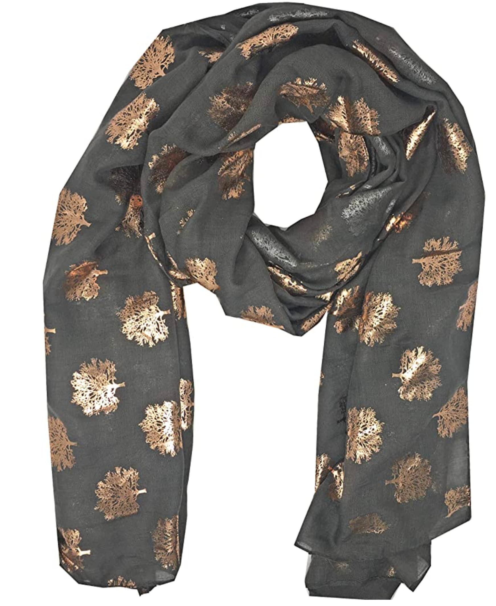 Elegant Oak Tree Scarf with Gold Metallic Foil Print Classy Ritzy Scarves Wrap Shawl Ideal Gift