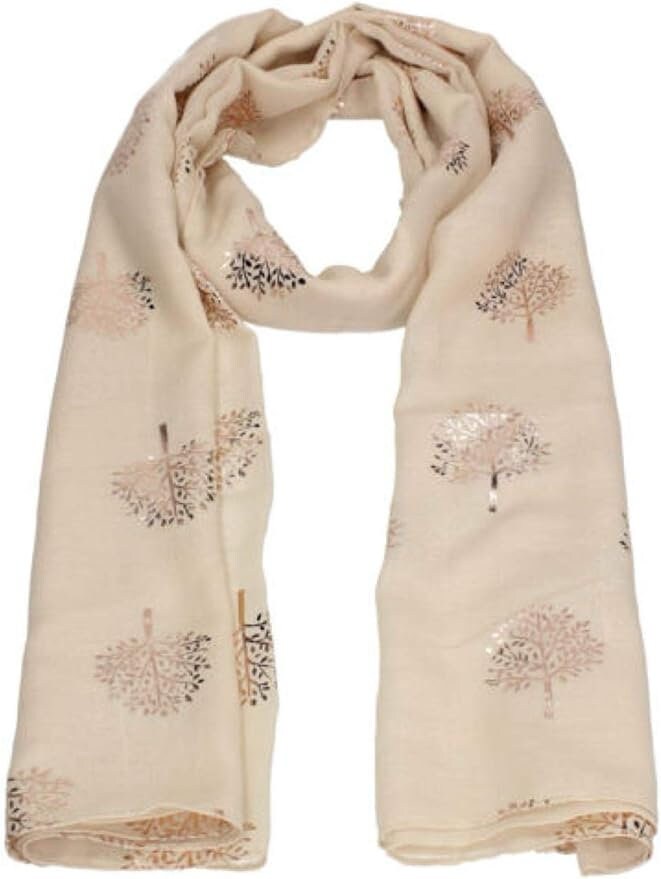 Elegant Cream Mulberry Tree Scarf with Rose Gold Metallic Foil Print Classy Ritzy Scarves Wrap Shawl Ideal Gift