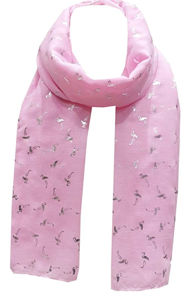 Silver Glitter Foil Flamingo Bird Print Fashion Scarf Wrap For Women