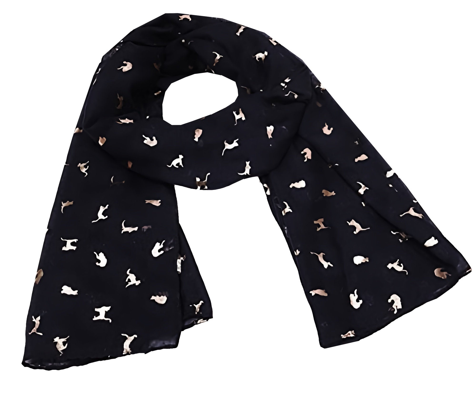 Elegant BLACK Scarf with Rose GOLD CAT Metallic Foil Print Classy Ritzy Scarves Wrap Shawl Ideal Gift