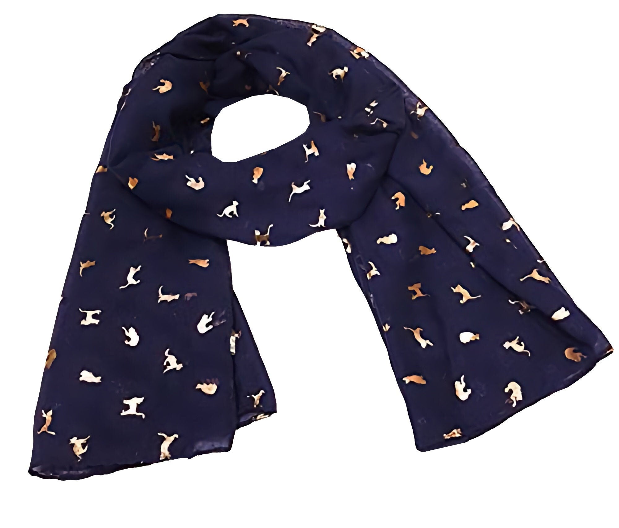 Elegant NAVY Blue Scarf with Rose GOLD CAT Metallic Foil Print Classy Ritzy Scarves Wrap Shawl Ideal Gift