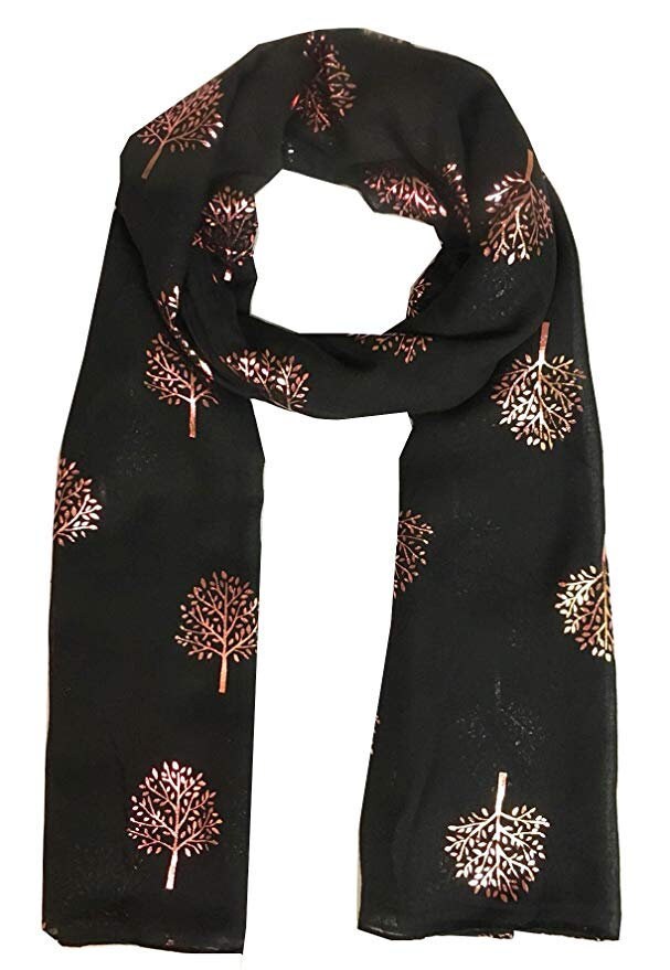 Elegant BLACK Mulberry Tree Scarf with PINK Metallic Foil Print Classy Ritzy Scarves Wrap Shawl Ideal Gift