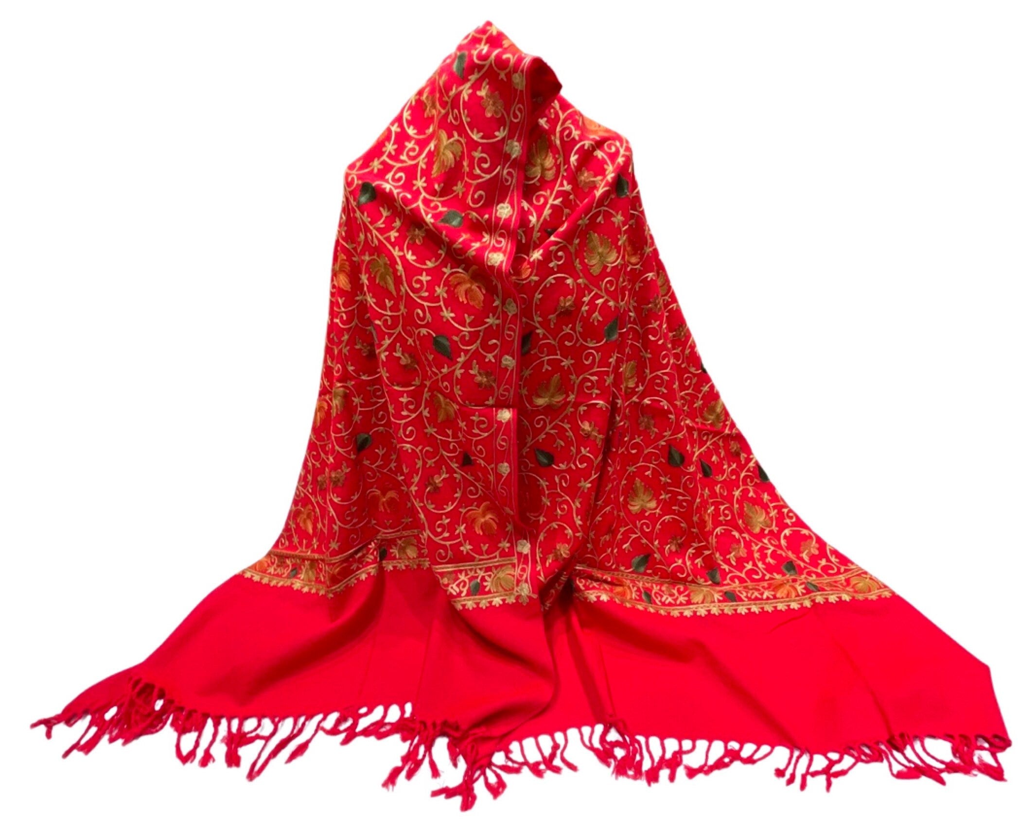 Elegant Christmas Red Gold and Multi Hand Embroidered Luxury Shawl Wrap Scarf