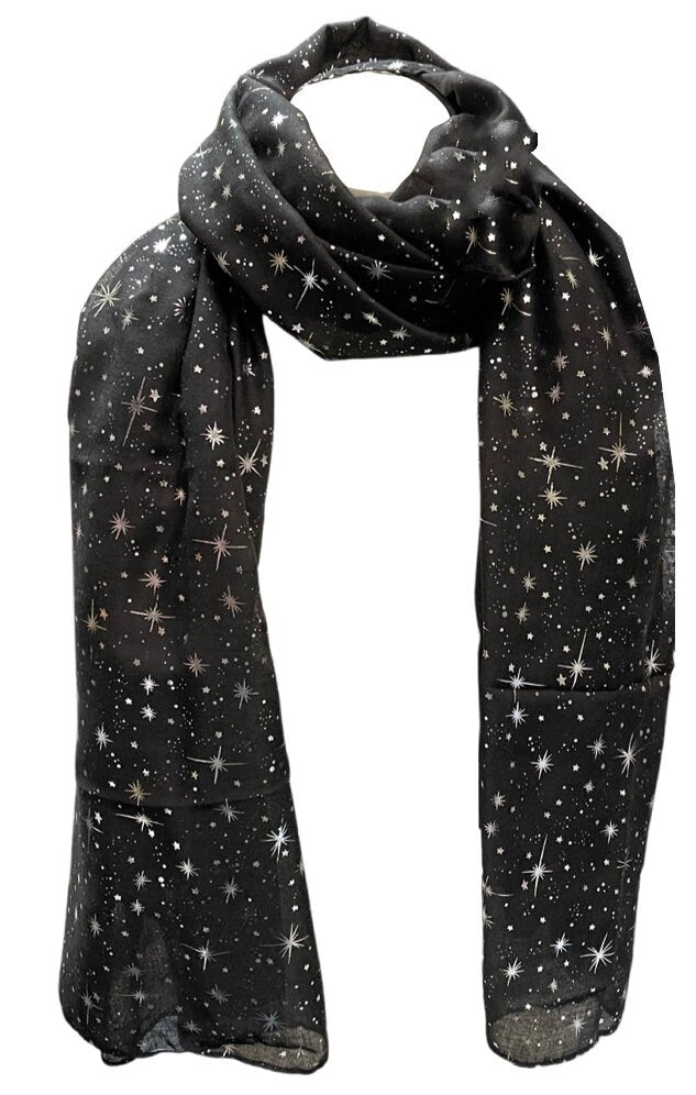Elegant BLACK Sparkle Scarf with Metallic Foil Print Classy Ritzy Scarves Wrap Shawl Ideal Gift