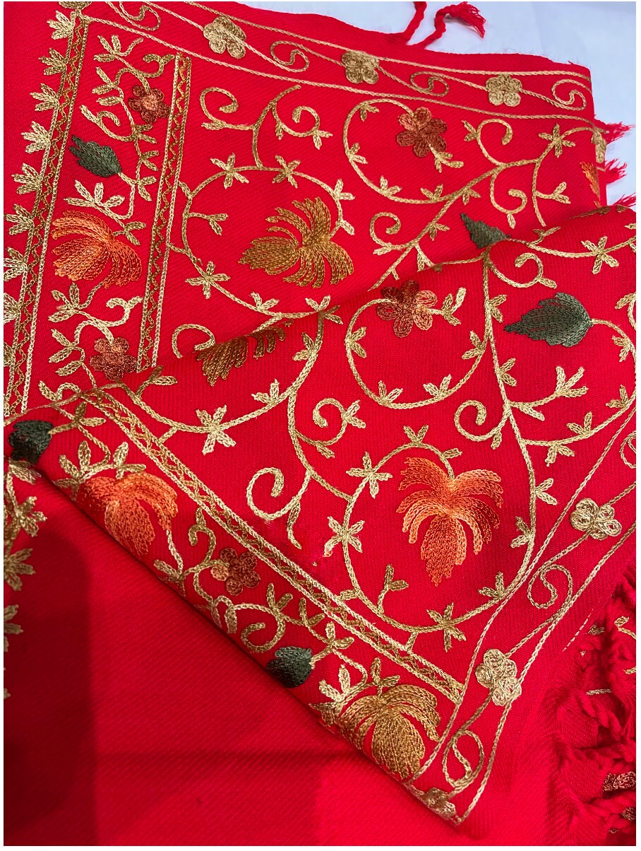 Elegant Christmas Red Gold and Multi Hand Embroidered Luxury Shawl Wrap Scarf