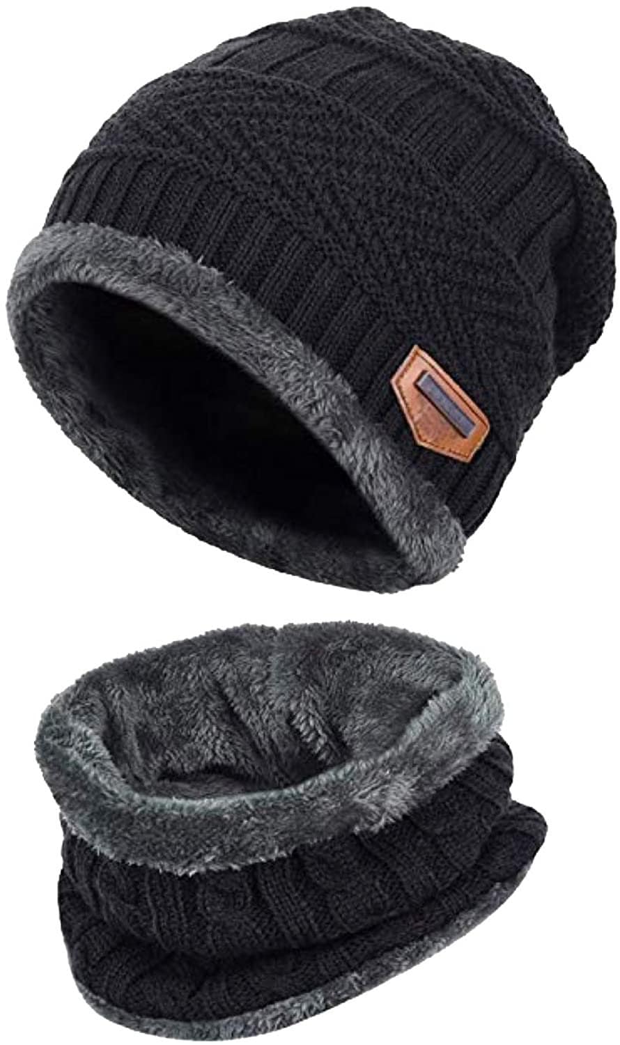 Winter Set Unisex Men Women Knitted Fleece Beanie Hat and Loop Circle Scarf Snood Set Fleece Lined Skull Cap Warm Soft and Comfortable