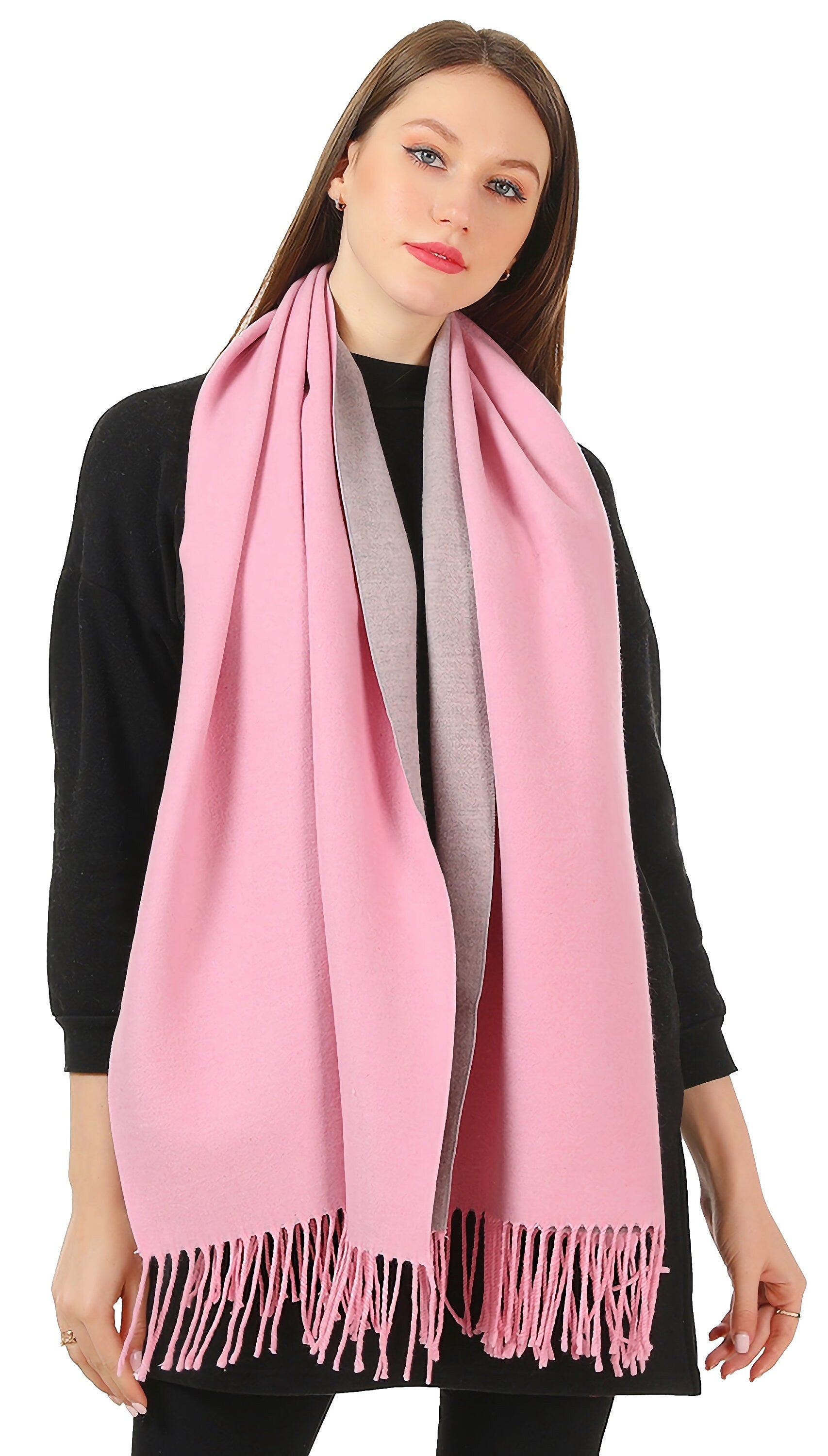 Reversible Winter Scarf Wrap Blanket Shawl Warm Soft Cosy - Baby Pink/Light Silver