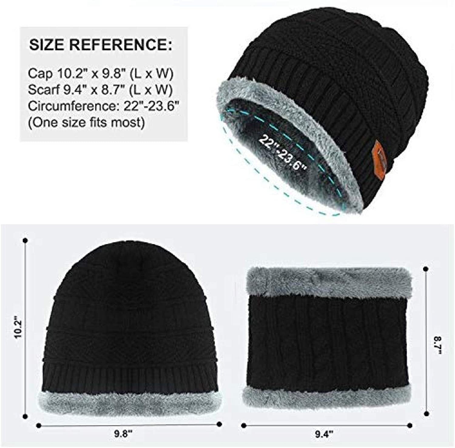 Winter Set Unisex Men Women Knitted Fleece Beanie Hat and Loop Circle Scarf Snood Set Fleece Lined Skull Cap Warm Soft and Comfortable