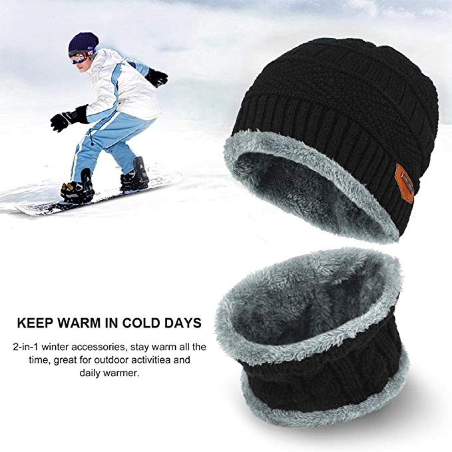 Winter Set Unisex Men Women Knitted Fleece Beanie Hat and Loop Circle Scarf Snood Set Fleece Lined Skull Cap Warm Soft and Comfortable