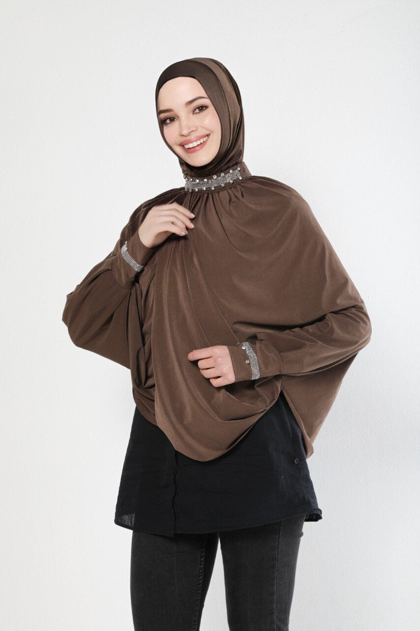 Modern Instant Ready Scarf Hijab Cape Embellished with Exquisite Pearls on Neckline and Sleeves Premium Quality Jersey Ramadan Eid Wedding