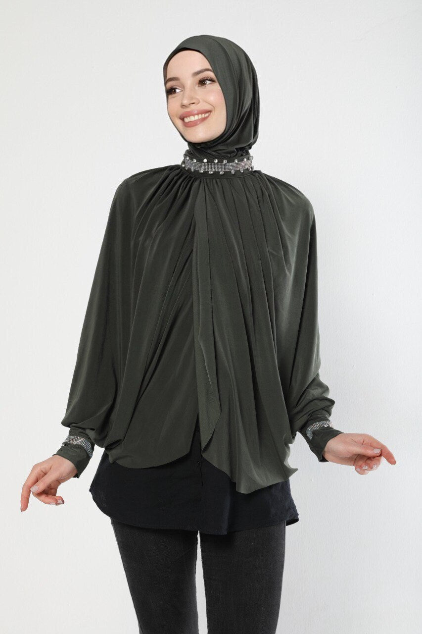 Modern Instant Ready Scarf Hijab Cape Embellished with Exquisite Pearls on Neckline and Sleeves Premium Quality Jersey Ramadan Eid Wedding