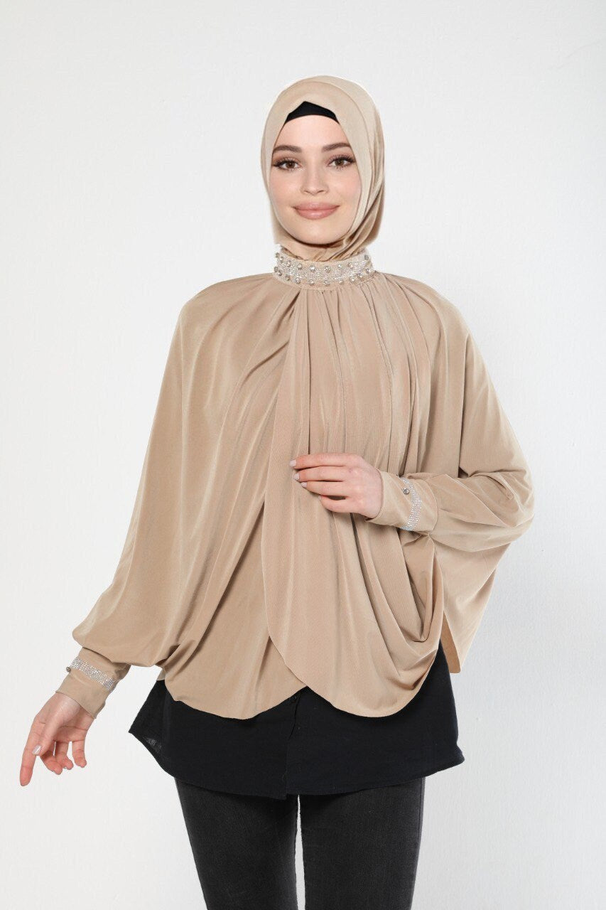 Modern Instant Ready Scarf Hijab Cape Embellished with Exquisite Pearls on Neckline and Sleeves Premium Quality Jersey Ramadan Eid Wedding