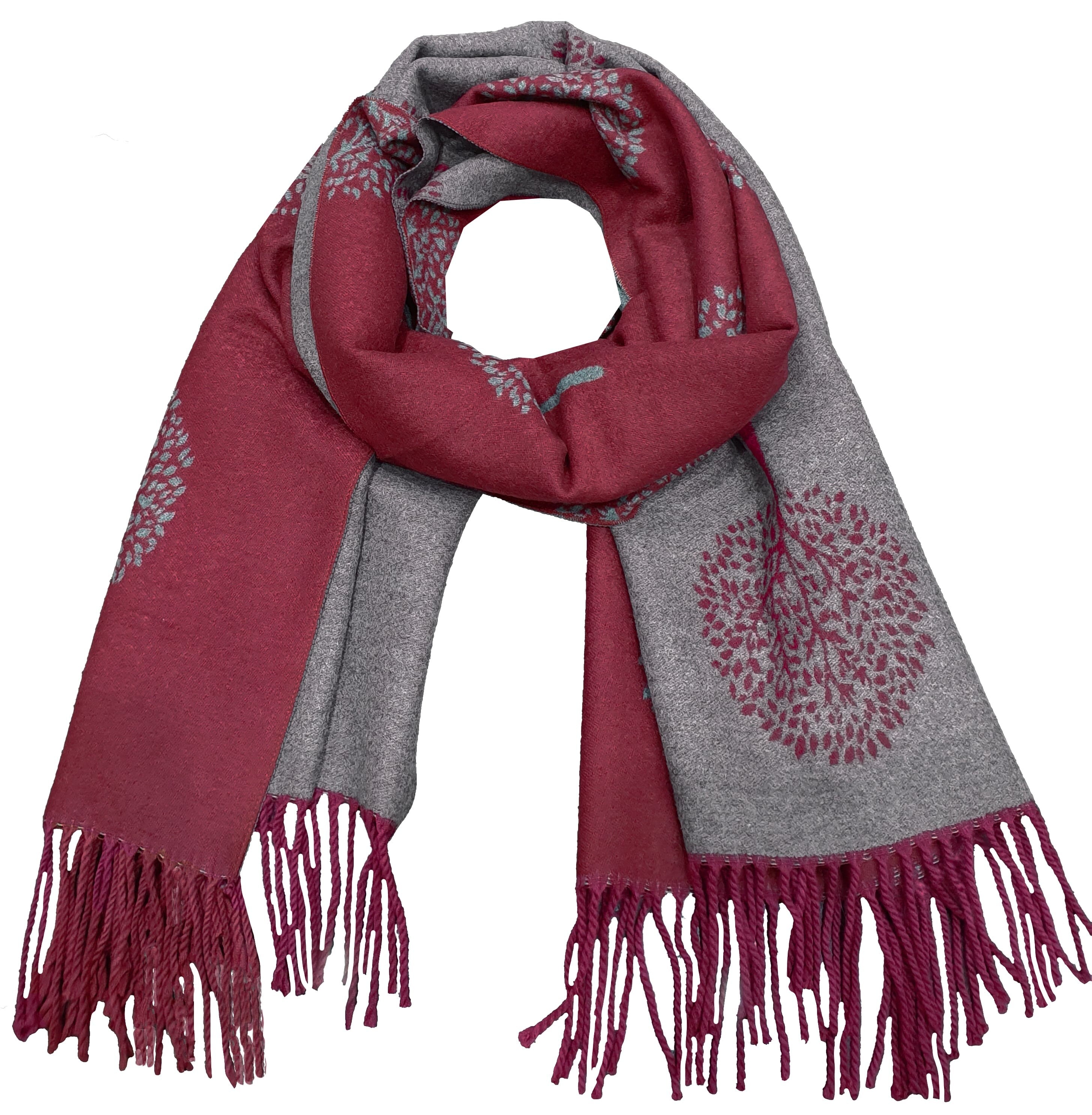 Thick Reversible Mulberry Design Winter Scarf Wrap Blanket Shawl Warm Soft Cosy - BURGUNDY / SILVER