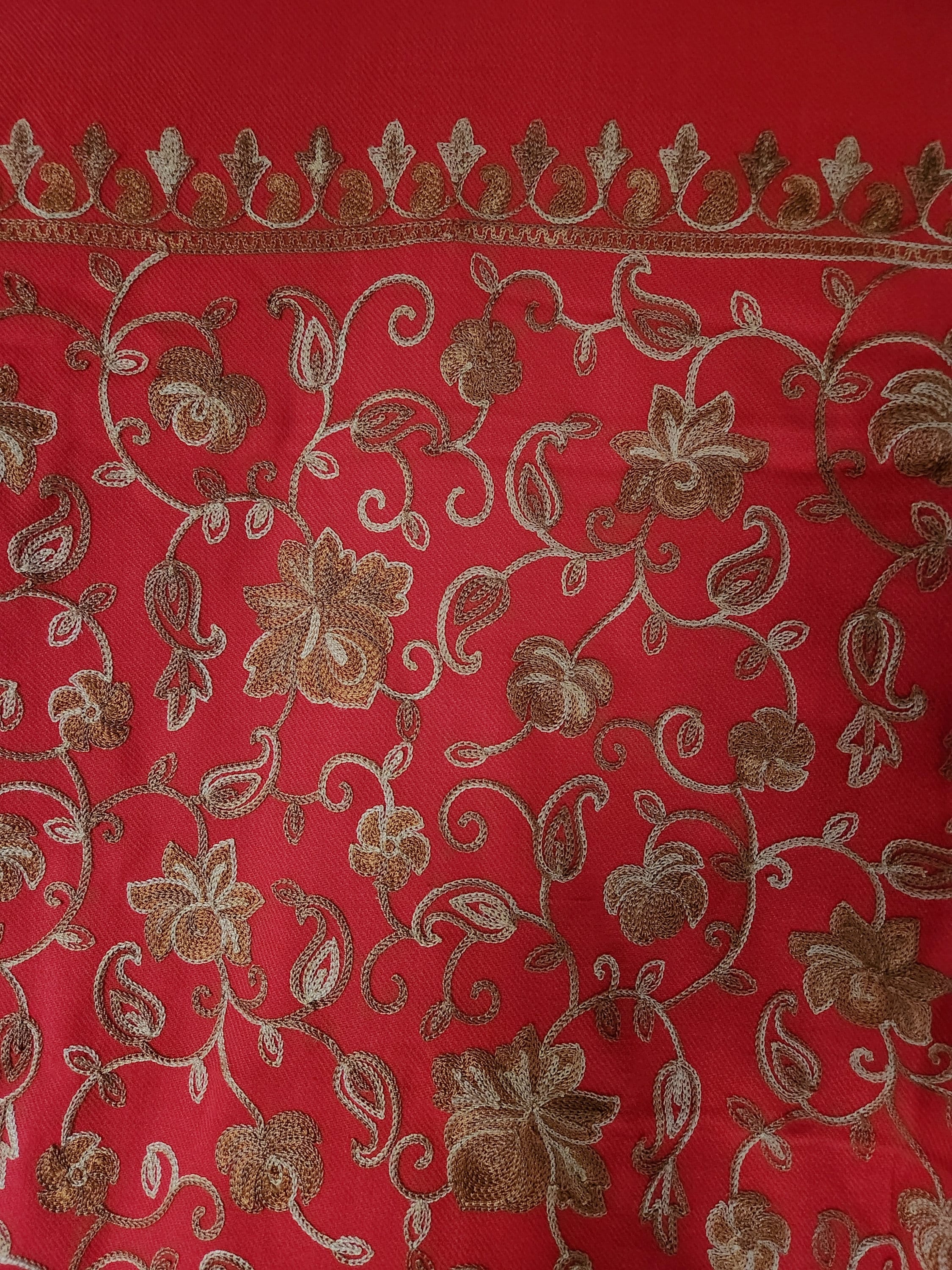 Elegant Christmas Red Gold and Multi Hand Embroidered Luxury Shawl Wrap Scarf- Design# 7