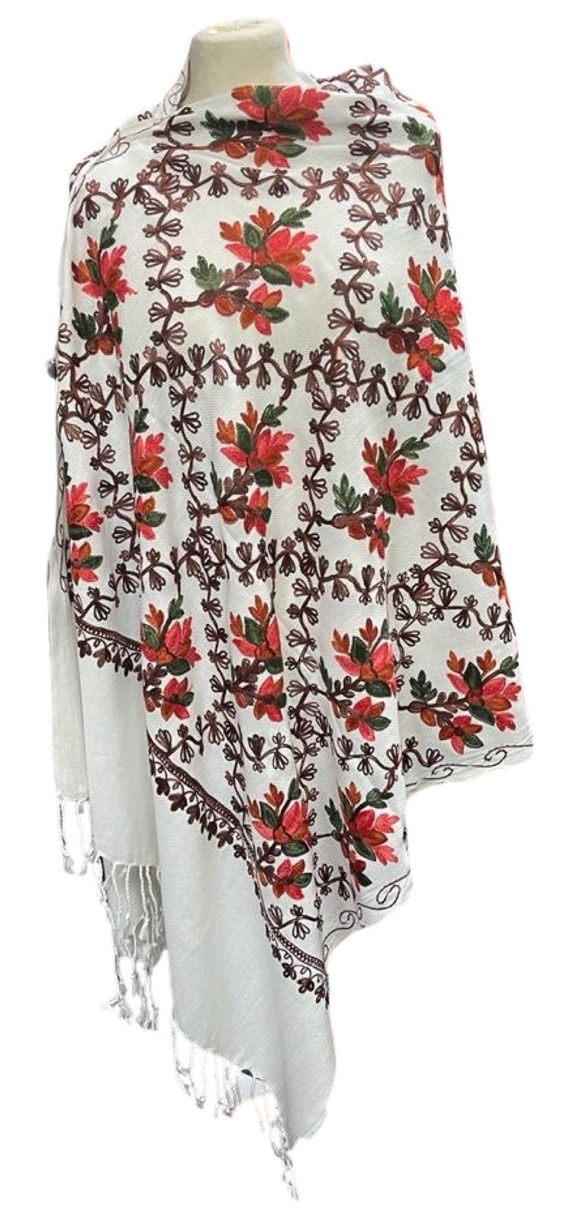 White Stunning Kashmiri Master Craftsman Hand Embroidered Luxury Shawl Wrap Scarf