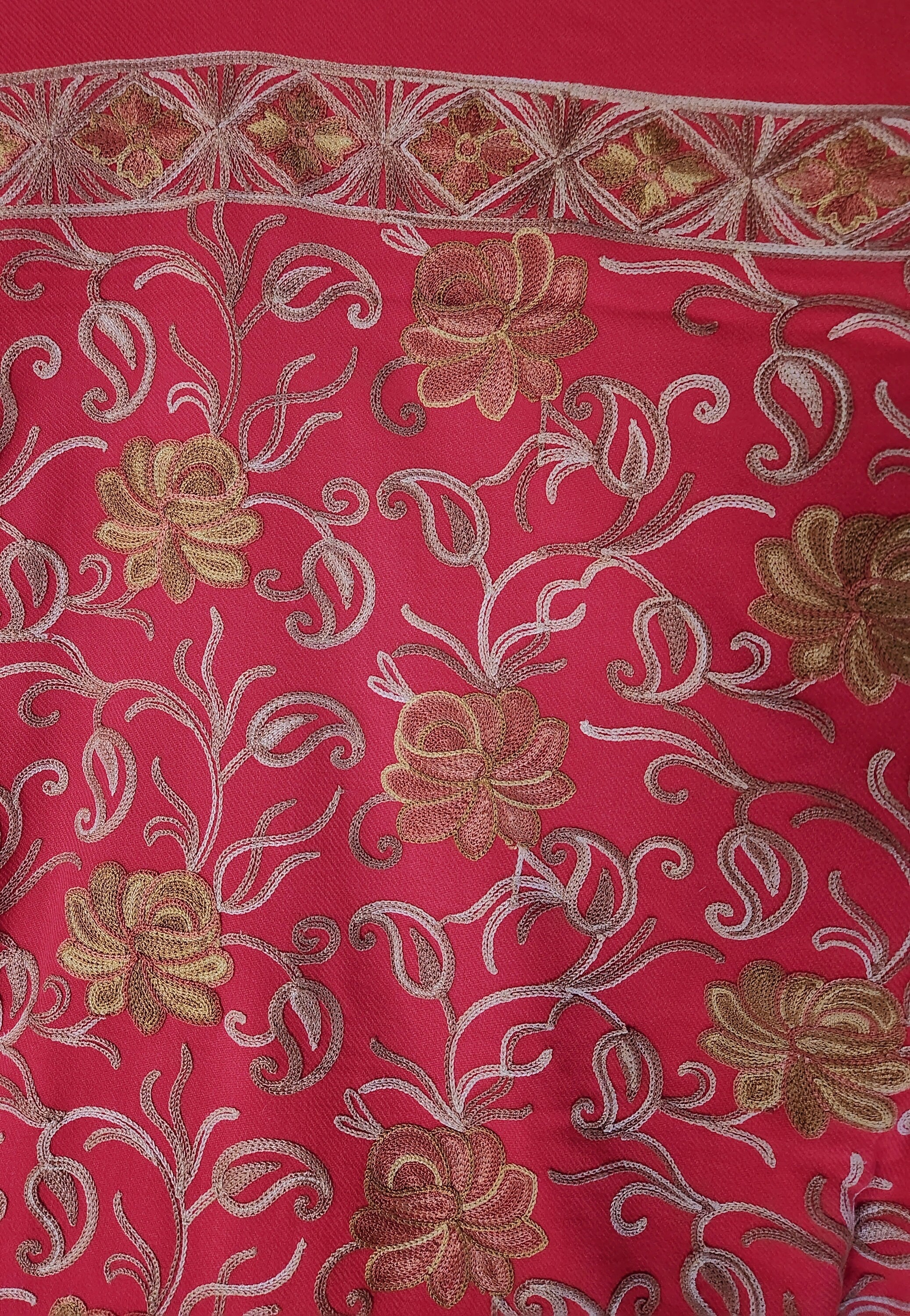 Elegant Christmas Red Gold and Multi Hand Embroidered Luxury Shawl Wrap Scarf - Design# 1