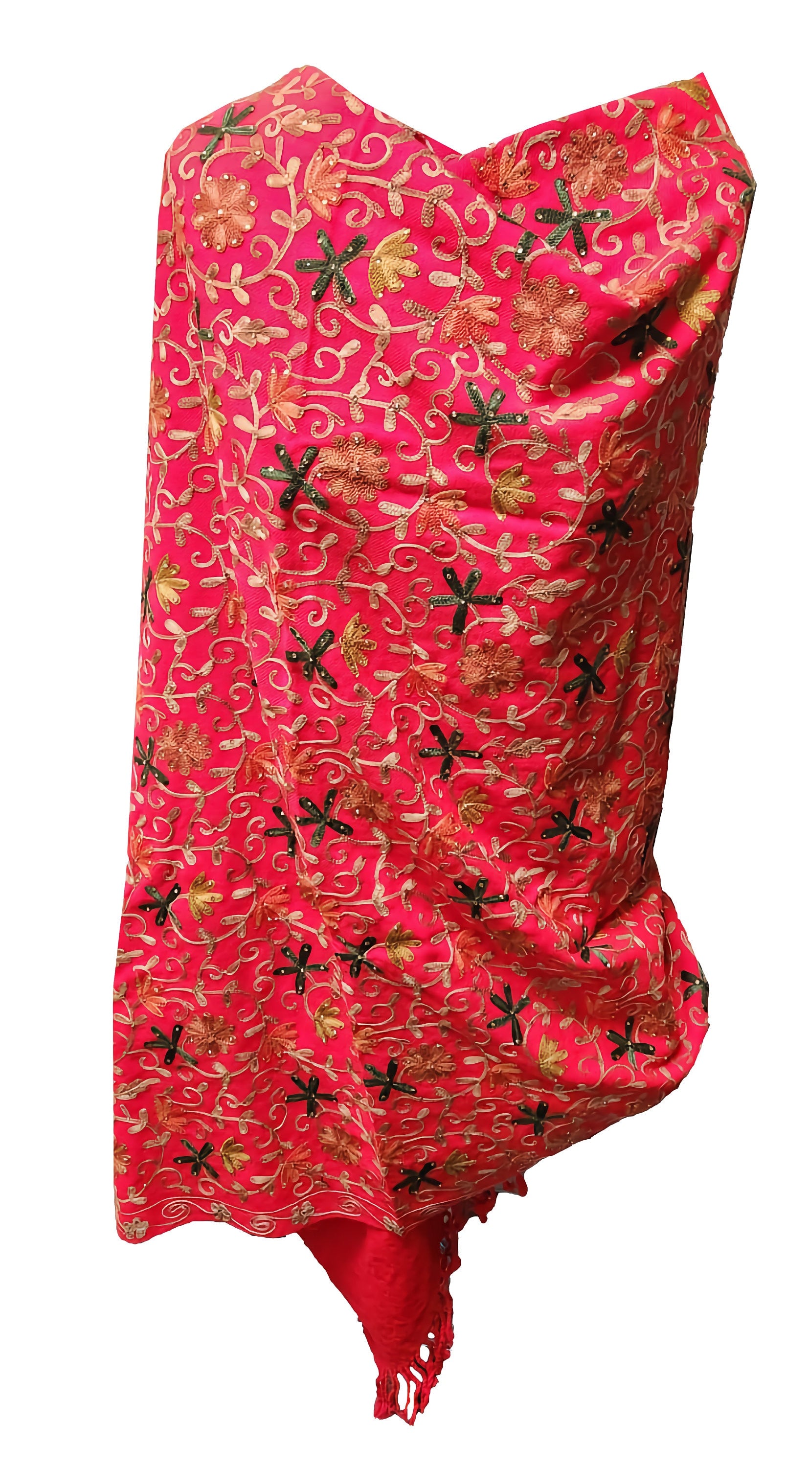 Elegant Christmas Red Gold and Multi Hand Embroidered Luxury Shawl Wrap Scarf with Diamanté Stones - Design#5