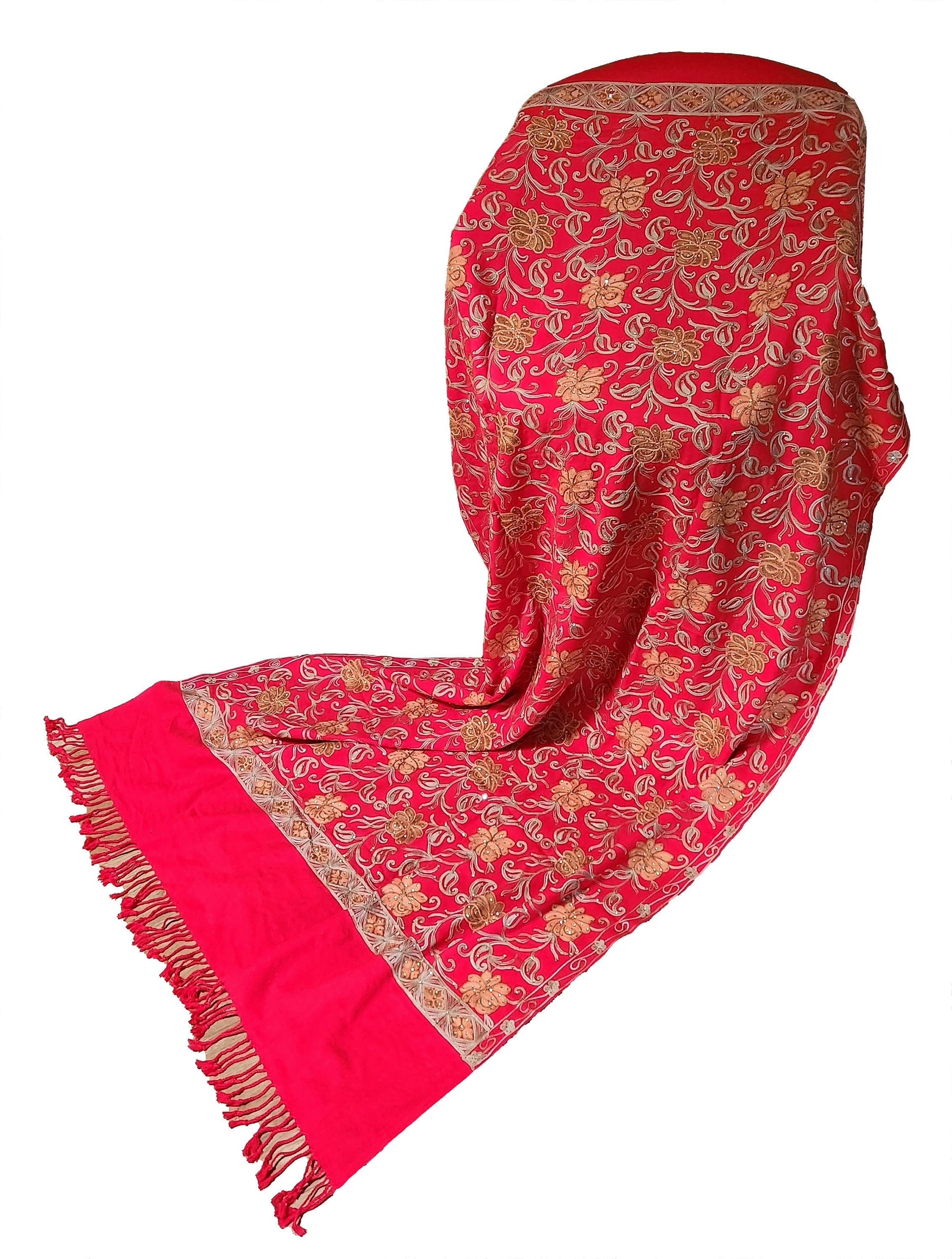 Elegant Christmas Red Gold and Multi Hand Embroidered Luxury Shawl Wrap Scarf with Diamanté Stones - Design#10