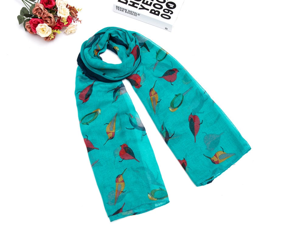Colorful Christmas Robin Bird Print Girls Lady Women Long Cute Scarf Wraps Shawl Soft Scarves Maxi With Border