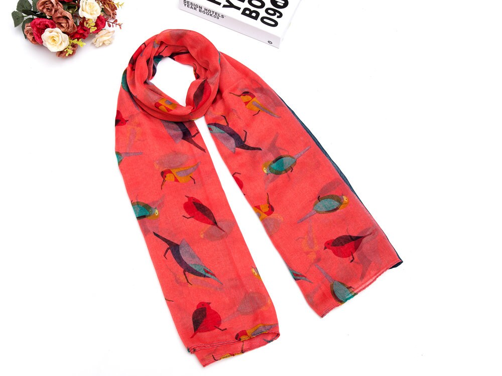 Colorful Christmas Robin Bird Print Girls Lady Women Long Cute Scarf Wraps Shawl Soft Scarves Maxi With Border