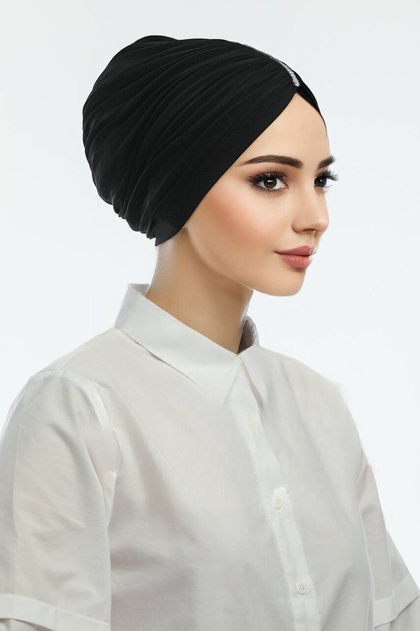 Black Ready Turban Head Wrap Bone Hijab Bonnet for Women Stretchy Jersey Cap with Middle Parting Diamantes Design